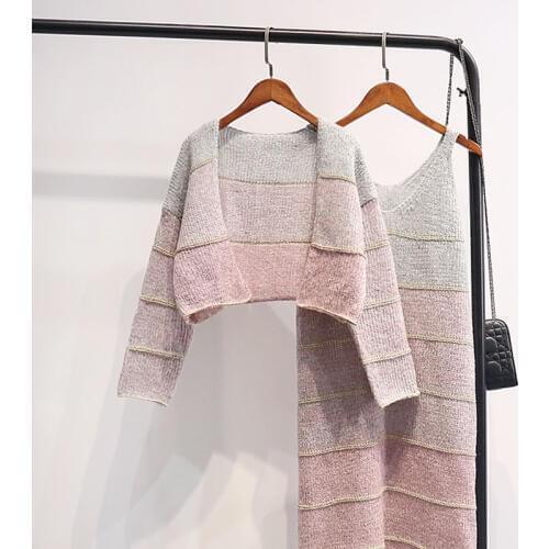 Autumn Knitted Dress Two Pieces Women Knitting Spaghetti Strap Dresses+Long Sleeve Sweater Vestidos Winter Bottomings Mini WZ532