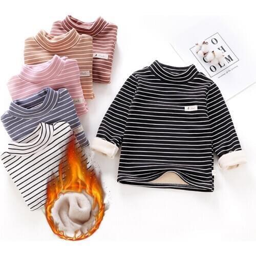 Winter Children Thermal Underwear Plus Velvet Baby Bottom Striped Girls Shirts Warm Tops For Boys Baby Tees Clothing 1-8years