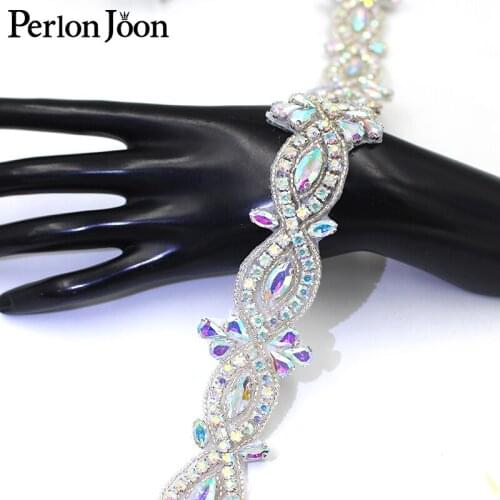 1Yard Handmade rhinestone trim band Hot Fix Sew on bridal accessories the Sash AB Crystal Applique for Wedding Dress belt WH040
