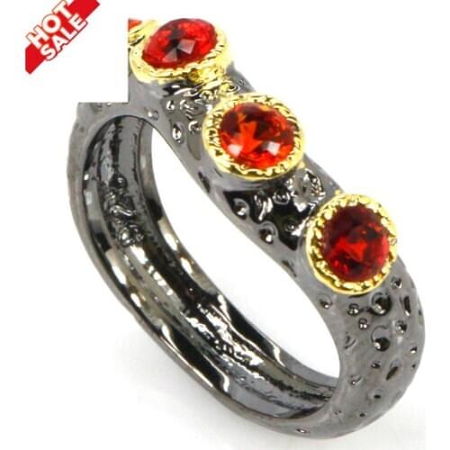 22x5mm Neo-Gothic Vintage Style Black Gold Silver Ring For Women Created Red Ruby Sky Blue Topaz Punk Style