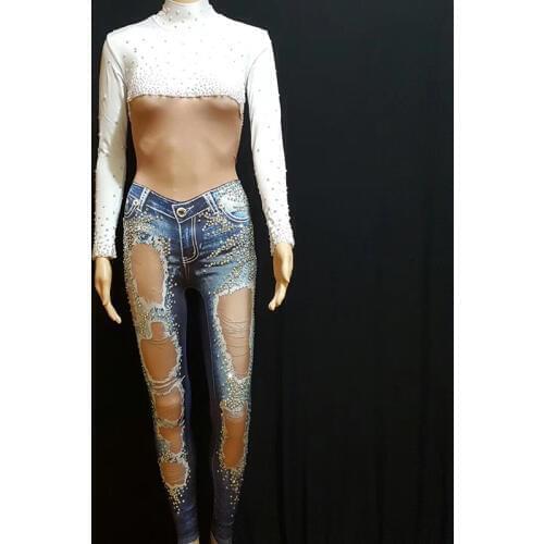 Sparkly Rhinestones Sexy White Tops Jeans Jumpsuit Nightclub Jazz Female Dancer GoGo Dance Performance Women Stage Clothes DJ393