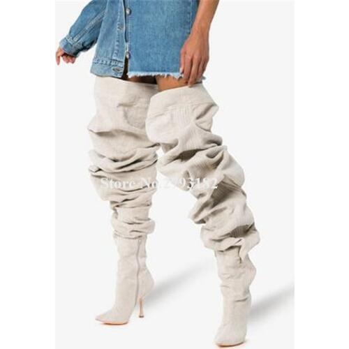 Brand Women Pointed Toe Suede Leather Loose Pleated Over Knee Thin Heel Boots Unique Style Thigh Long Spacious Trousers Boots
