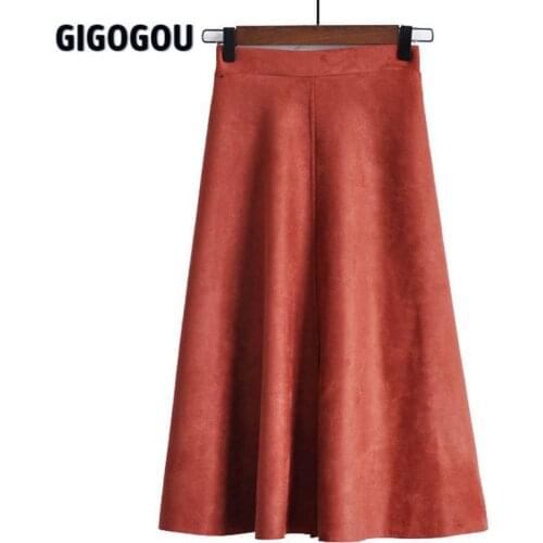 GIGOGOU Autumn Winter Velvet Women Skirts Elegant Warm A Line Skirt Solid Elastic High Waist Women Midi Tutu Tulle Skirts Ins