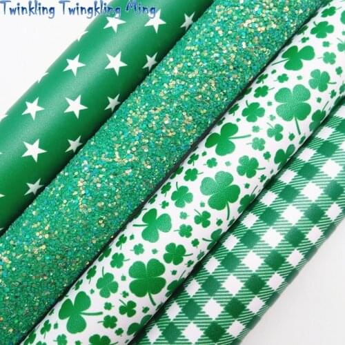 Green Glitter Leather, White Stars Plaids Printed Synthetic Leather Faux Leather Fabric For Bows 21x29CM Twinkling Ming KM504