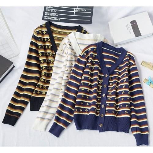New Fashion V Neck Women Cardigans Korean Single Breated Long Sleeve Knit Top Vintage Striped Patchwork Korean Outwear Sweater