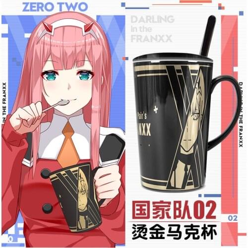 Anime DARLING in the FRANXX ZERO TWO 02 Ceramic Mug Cup Student Otaku Water Cup Gold Stamping Spoon+Cup lid +Cup Birthdays Gift