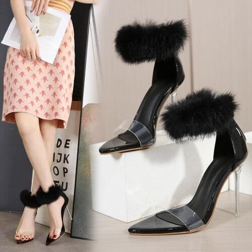 Kmeioo 2021 New Style Summer Sandals Open toe High Thin Heels Fashion Fur Ankle Strap Nightclub Wedding Party Shoes