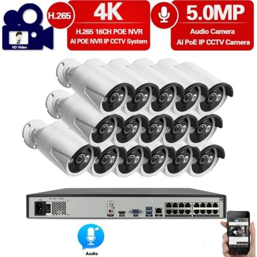 16CH 5MP POE NVR Security Camera System Kit 4K H.265 Audio POE IP Camera Set Outdoor Waterproof CCTV Video Surveillance Kit 8MP