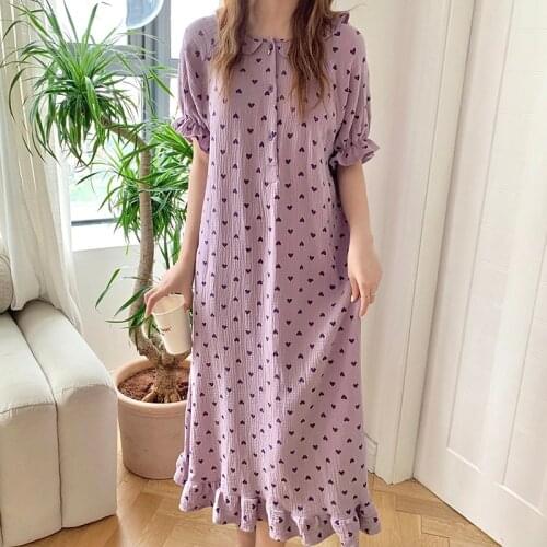 Heart Print Summer Nightgown Women O-Neck Ruffles Short Sleeve Cotton Loose Sleepwear Sweet Vintage Kawaii Homewear