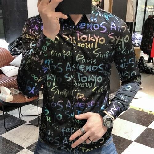 Fashion Casual Rainbow Letter Shirt Dress Ropa De Hombre 2021 Korean Personalized Colorful Men Long Sleeve Slim Fit Shirt Men