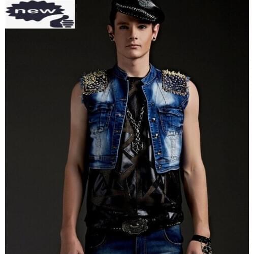 Punk Rock Embroidered Flares Rivet Mens Short Denim Waistcoats Harajuka Slim Fit Stand Collar Sleeveless Male Costumes Vests