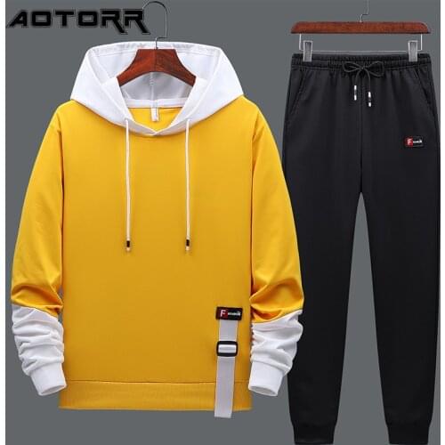 2021 Spring Autumn New Fashion Mens Set Patchwork Hoodies + Pants 2 Piece Casual Korean Pullover Sweatshirt Sets Men Tracksuit
