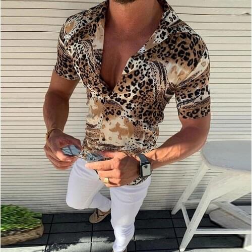 New Leopard Print Sexy Mens Shirt Short Sleeve Shirt