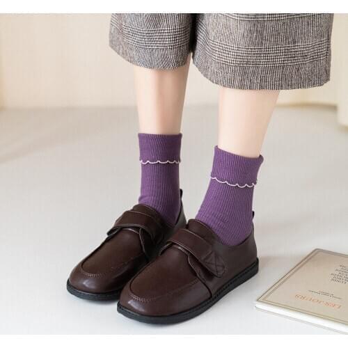Happy Perfect Love Woman Autumn And Winter Mid-Tube Womens Socks Wavy Side Plain Japanese Sweet Beauty Style Mid-Length Pile So