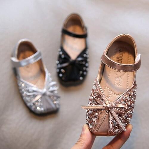 Princess Girls Shoes Soft Bottom Flats Show 2021 Silver Bow Children Shoes Rhinestong Size21-36 Childrens Leather Shoes