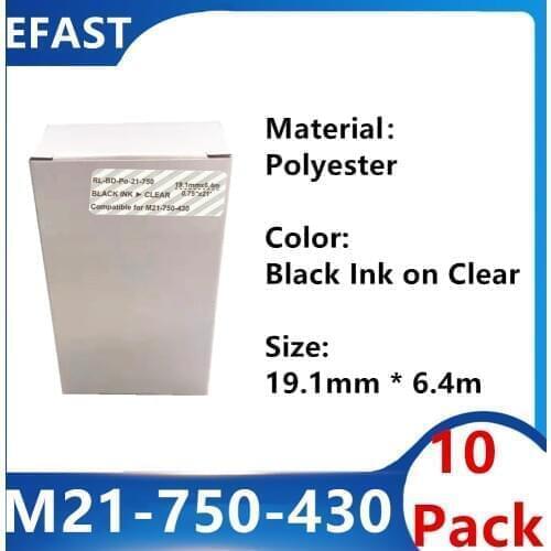 10 Pack M21 750 430 Polyester Label Ribbon Black On clear For BMP21 PLUS Printer Black On Transparent M21-750-430 19.1mm * 6.4m