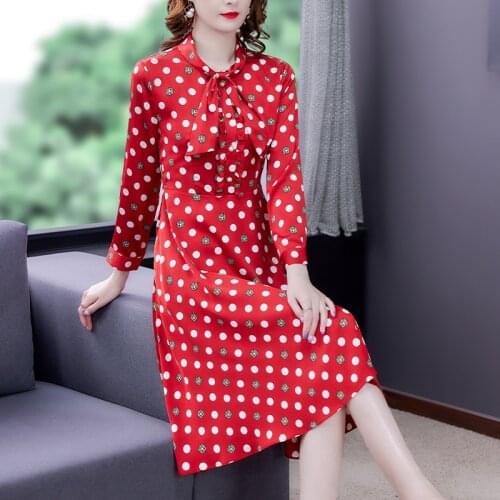 2021 Spring Autumn Red Dot Print Satin Midi Dress Vintage Office Lady Plus Size Casual Dress Women Elegant Bodycon Party Vestido