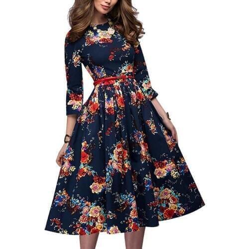 Plus Size Women Dress Elegant Vintage Floral Print O Neck Long Sleeve Flared Midi Party Dress