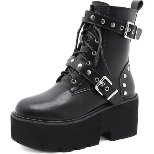 Women Rivet Boots Platform Ankle Boots Black Leather Gothic Punk Buckle Strap Boots Women Mid Heels snow Boots LJB176-1