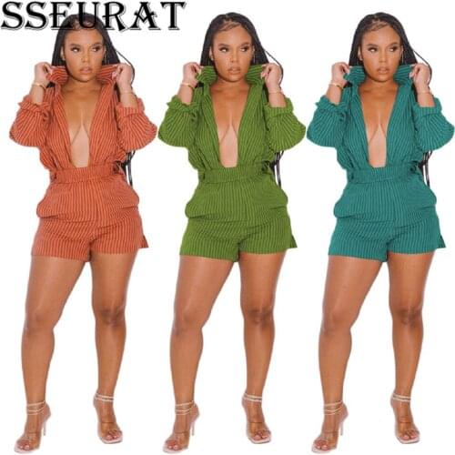 SSEURAT Women Set Striped Full Sleeve Turn-down Collar Shirts Tops Stretchy Shorts Two Piece Set Fashion Outfit Fall Tracksui