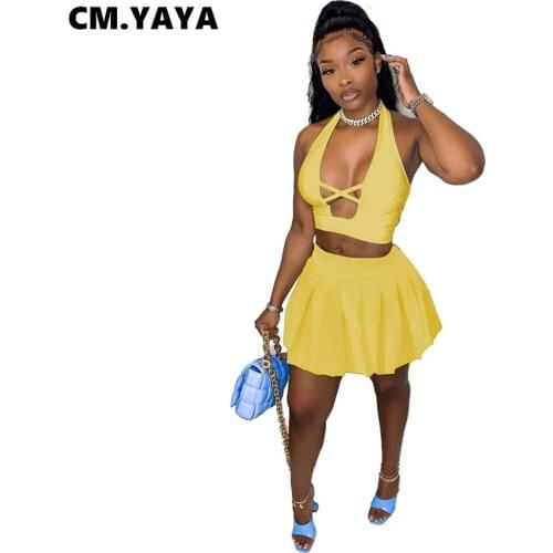CM.YAYA Women Set Solid Sleeveless Halter Hollow Out Crop Tops High Waist Mini Pleated Skirts 2 Piece Set Sexy Fashion Outfit