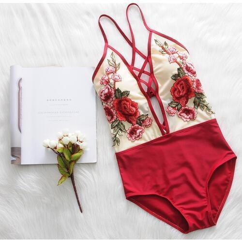 Brand Summer New Retro Embroidery Floral Sexy One Pieces Swimwear Women Deep-V Backless Patchwork Swimsuit Hot Ladies Beach Wear