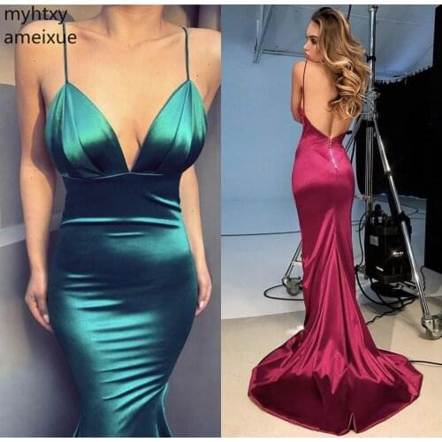Sexy V-Neck Spaghetti Straps Floor Length A-Line Silk Satin Backless Plus Size Evening Gown Dresses For Women Robe De Soiree