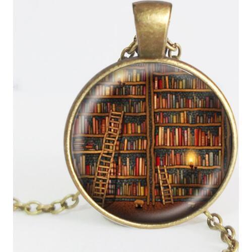 2020 New Fashion Vintage Necklace Glass Dome Vintage Library and Books Pendants Necklace For Women