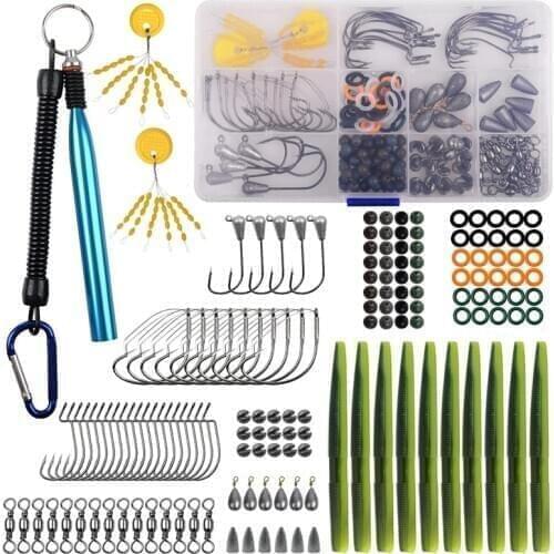 168Pcs/Box Wacky Rig Worm Hooks Fishing Kit Weedless Hooks O Rings Artificial Stick Baits Lures tackle for Bass Trout fishing