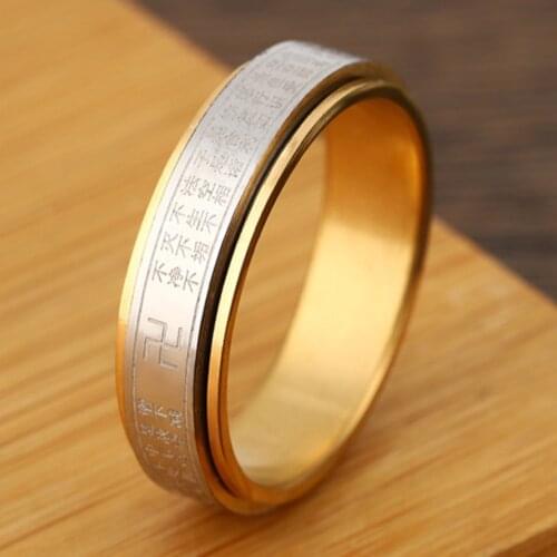 China Carved Buddhist Swastika Rotatable Heart Sutra Titanium Steel Ring Men Lotus Fun Small Finger Wedding Rings For Women