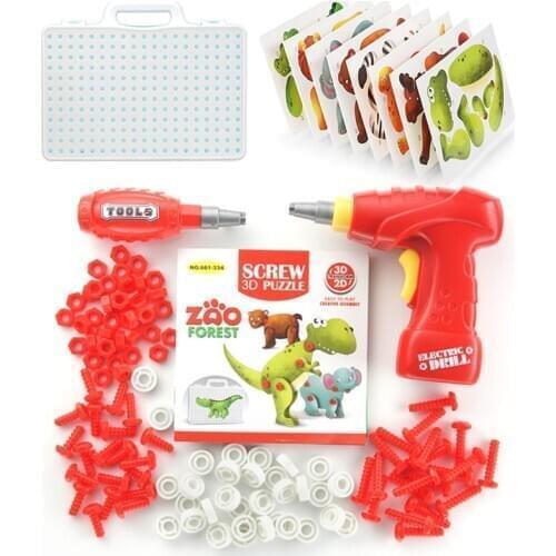 Montessori Materials Drilling Screw 3D Creative Mosaic Puzzle Toys For Children Kids DIY Electric Drill Set Boys Educate