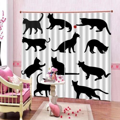 Lovely Black Cat Play Ball Polyester Fabric Curtain 2 Panels with Hooks For Living room bedroom Blackout Drapes Custom Decor