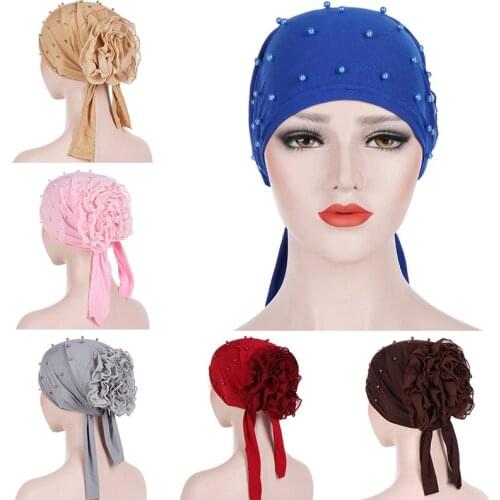 Muslim Women Bead Flower Turban Hat Cancer Chemo Beanie Bonnet Headwear Pre-Tied Headscarf Head Wrap Cover Hair Loss Accessories