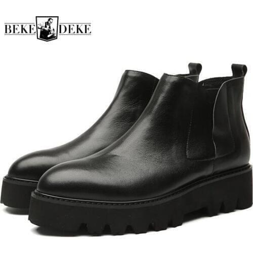 Winter 2020 Fleece Lining Mens Ankle Boots Genuine Leather Thick Platform Slip On Safety Shoes Med Heels Biker Chelsea Boots