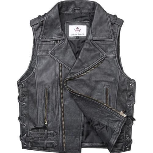 Mens Vintage Black Men Oblique Zipper Biker Leather Vest Genuine Cowhide Slim Fit Short Leather Motorcycle Sleeveless jackets