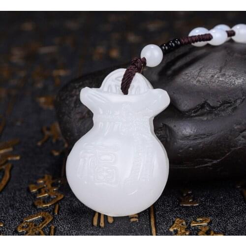 Natural Afghanistan White Jade Blessing bag Pendant Necklace Jewellery Fashion Accessories Hand-Carved Luck Gift Sweater Chain