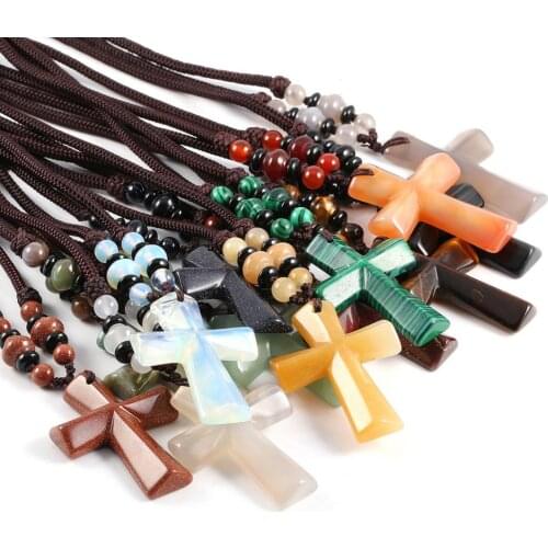 Necklace Natural Semi Precious Stone Pendant Cross Shaped Agates Material For Unisex Retro Style Cross:47x33mm Chains:66cm