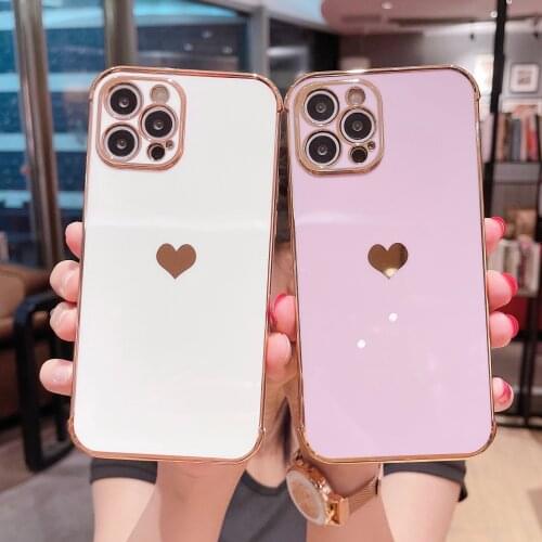 Luxury Electroplating Phone Case for iPhone 12 11 Pro Max XR XS 7 8 Plus SE 2020 Love Heart Back Cover Slim Fit Shockproof Coque
