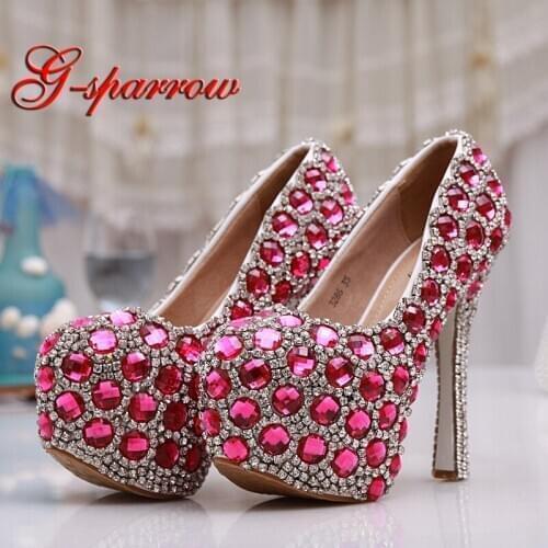 Pink Blue Diamond Wedding Shoes Luxurious Engagement Party High Heels Bride Shoes 14cm Super High Heel Cinderella Prom Pumps