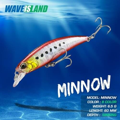 WAVEISLAND Minnow Fishing Lure Tackle Sinking 6.5g 65mm Winter Sinking Artificial Bait Pike Carp Fishing double Hooks