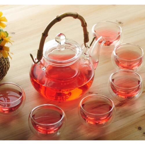 800ml Glass teapot with infuser/filter+ 4/6 Cup,Bamboo/Rattan Handle pot,tea set for oolong/flower/black/green/Chinese/puer tea