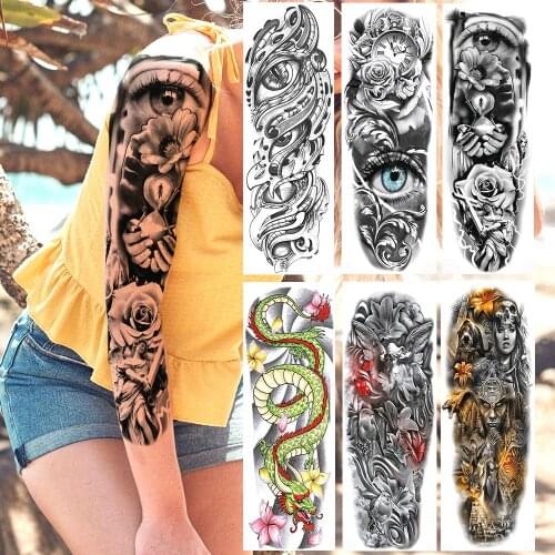 Large Full Arm Flower Eye Temporary Tattoos Sticker For Men Women Realistic Angel Dragon Tatoos Body Art Fake Tattoos Waterproof