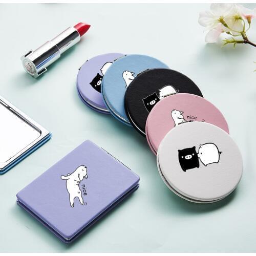 Funny Dog Portable Makeup Mirror with Double Side for Girls Banana Cute Pig Magnifying PU Compact Pocket Cosmetic Vanity Mirrors
