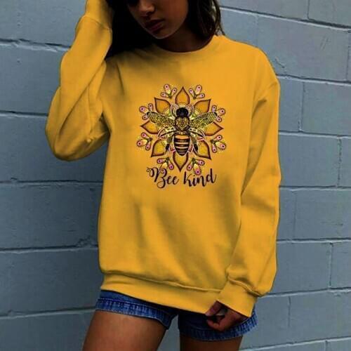 Women Hoodie Bee Kind Sunflower Printed Hoodies Women Fleece Long Sleeve O Neck Loose Sweatshirt Girls Pullovers Winter