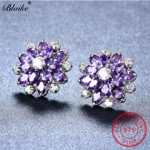 Blaike Solid S925 Sterling Silver Amethyst Snowflake Stud Earrings For Women Purple Zircon Flower Earrings Luxury Fine Jewelry
