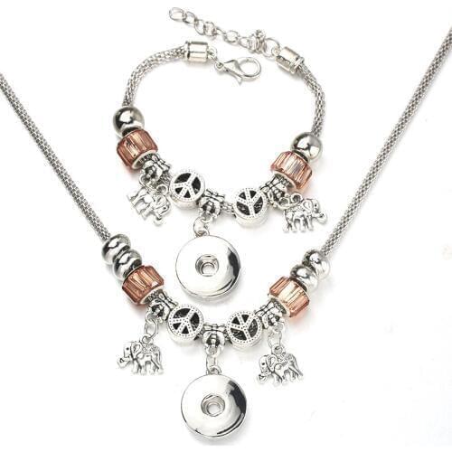 6 Colors Snap Button Elephant Necklace Bracelet Set Bead Pendant Hollow Chain Beaded Bracelet Fit 18mm Snap Fine Jewelry
