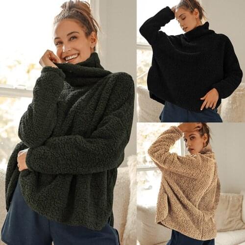 Women Plush Sweater Autumn Winter Long Sleeve Ruffled Collar Pollovers Fashion Femlae Tops Outdoor Matching Loose Thick Clothes