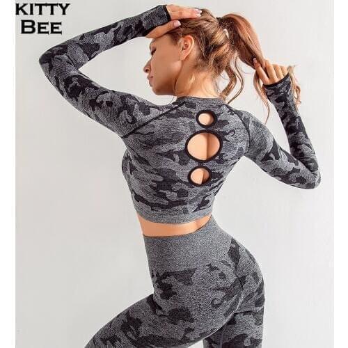 Yoga Top Long Sleeve Seamless Top Camo Workout Shirts For Women Fitness Gym Yoga Shirt Sport Running Crop Top Women Sportswear