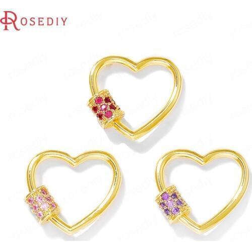 39230)2PCS 21x19MM 24K Gold Color Brass and Zircon Heart Shape Necklace Bracelet Connect Clasps Jewelry Making Diy Accessories