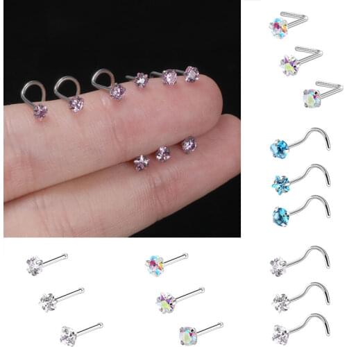 3Pcs/Set Stainless Nose Steel Stud Stud Zircon Heart Round Star Shaped Jewelry Straight Ring Pin Nostril Piercing Wholesale 2021